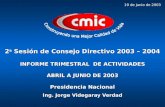 2 a Sesión de Consejo Directivo 2003 – 2004 INFORME TRIMESTRAL DE ACTIVIDADES ABRIL A JUNIO DE 2003 Presidencia Nacional Ing. Jorge Videgaray Verdad 19.
