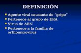DEFINICIÓN Agente viral causante de gripe Agente viral causante de gripe Pertenece al grupo de ERA Pertenece al grupo de ERA Virus de ARN Virus de ARN.