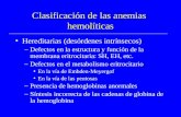 Clasificación de las anemias hemolíticas Hereditarias (desórdenes intrínsecos) –Defectos en la estructura y función de la membrana eritrocitaria: SH, EH,