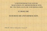 UNIVERSIDAD NACIONAL MAESTRIA EN ADMINISTRACIÓN DE TECNOLOGÍA DE INFORMACIÓN CURSO DE SITEMAS DE INFORMACIÓN PROF: M.Sc Eduardo Araya F.