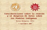 Consideraciones sobre la reunión y el desglose de datos sobre los Pueblos Indígenas Mirian Masaquiza, SPFII 6 Septiembre 2007 1.