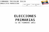 COMANDO TRICOLOR ZULIA MUNICIPIO MARACAIBO TOTAL CENTROS: 356TOTAL NUCLEADOS: 223 ELECCIONES PRIMARIAS 12 DE FEBRERO 2012.