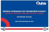 SISTEMA INTEGRADO DE TRANSPORTE MASIVO PROYECTO PRIMERA LINEA DEL METRO DE QUITO SITUACION ACTUAL Quito, 08 de Noviembre de 2012 SISTEMA INTEGRADO DE TRANSPORTE.