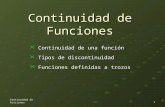 Continuidad de Funciones Continuidad de una función Continuidad de una función Tipos de discontinuidad Tipos de discontinuidad Funciones definidas a trozos.