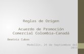 Reglas de Origen Acuerdo de Promoción Comercial Colombia-Canadá Medellín, 25 de Septiembre del 2013 Beatriz Cubas.