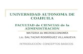 UNIVERSIDAD AUTONOMA DE COAHUILA FACULTAD de CIENCIAS de la ADMINISTRACIÓN INTRODUCCIÓN: CONCEPTOS BASICOS MATERIA de MICROECONOMÍA Lic. BALTAZAR RODRÍGUEZ.