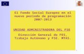 1 El Fondo Social Europeo en el nuevo periodo de programación 2007-2013 UNIDAD ADMINISTRADORA DEL FSE Dirección General de FES, Trabajo Autónomo y FSE.