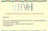 Registro Nacional de Valores e Intermediarios Agenda: Que es el Registro Nacional de Valores e Intermediarios Proyecto 18 de 2002 Inscripciones y deberes.