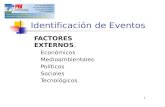 Identificación de Eventos  FACTORES EXTERNOS.  Económicos  Medioambientales  Políticos  Sociales  Tecnológicos 1.