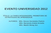 EVENTO UNIVERSIDAD 2012 TÍTULO: LA TAREA INTEGRADORA, PROMOTORA DE ESTRATEGIAS DE APRENDIZAJE. AUTORES: MSc. Nieves Hernández Padrón MSc. Marianela Antela.