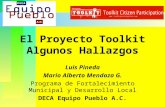El Proyecto Toolkit Algunos Hallazgos Luis Pineda Mario Alberto Mendoza G. Programa de Fortalecimiento Municipal y Desarrollo Local DECA Equipo Pueblo.