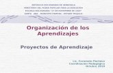 Organización de los Aprendizajes Proyectos de Aprendizaje REPÚBLICA BOLIVARIANA DE VENEZUELA MINISTERIO DEL PODER POPULAR PARA LA EDUCACIÓN ESCUELA BOLIVARIANA.