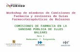 COMISIONES DE FARMACIA EN LA SANIDAD PÚBLICA DE ILLES BALEARS Mesa 3 Moderador: F. Puigventós Workshop de miembros de Comisiones de Farmacia y revisores.