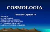 Cosmología1 COSMOLOGIA Temas del Capítulo 10 HISTORIA LEY DE HUBBLE COSMOLOGÍA MODERNA GEOMETRÍA DEL UNIVERSO EL UNIVERSO PRIMITIVO LA EVOLUCIÓN DEL UNIVERSO.