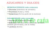 AZUCARES Y DULCES MONOSACÁRIDOS más comunes  Glucosa (hidrólisis de almidón)  Fructosa (frutas y miel)  Galactosa (forma parte de la lactosa) DISACÁRIDOS.
