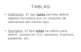 TABLAS Definición. El tipo tabla permite definir objetos formados por un conjunto de elementos del mismo tipo. Ejemplos. El tipo tabla se utiliza para.