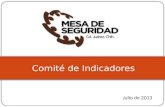 Comité de Indicadores Julio de 2013. Mejora en 5 de los 6 indicadores con respecto al mes anterior Ligero repunte en robo de autos con violencia Mejora.