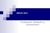 EDUC 513 Evaluación, Medición y Assessment. La medición Medición es el proceso mediante el cual se asignan números a los atributos o características de.