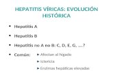 Hepatitis A Hepatitis B Hepatitis no A no B: C, D, E, G, ….? Común: HEPATITIS VÍRICAS: EVOLUCIÓN HISTÓRICA Afectan al hígado Ictericia Enzimas hepáticas.