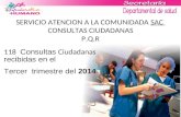 SERVICIO ATENCION A LA COMUNIDADA SAC CONSULTAS CIUDADANAS P.Q.R 118 Consultas Ciudadanas recibidas en el Tercer trimestre del 2014.