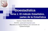 1 Bioestadística Tema 1: El método Estadístico, partes de la Estadística Gialina Toledo Méndez Correo: gialina27@gmail.comgialina27@gmail.com Maestría.