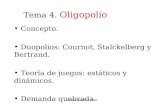Tema 4. Oligopolio Concepto. Duopolios: Cournot, Stalckelberg y Bertrand. Teoría de juegos: estáticos y dinámicos. Demanda quebrada. Julián Sánchez 2010.