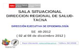 SALA SITUACIONAL DIRECCION REGIONAL DE SALUD- TACNA SE 49-2012 ( 02 al 08 de diceimbre 2012 ) Mayor información: epitacna@dge.gob.pe – Teléfono: 052-242595epitacna@dge.gob.pe.