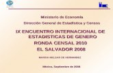 Ministerio de Economía Dirección General de Estadística y Censos IX ENCUENTRO INTERNACIONAL DE ESTADISTICAS DE GENERO RONDA CENSAL 2010 EL SALVADOR 2008.