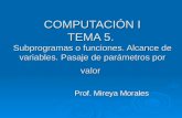 COMPUTACIÓN I TEMA 5. Subprogramas o funciones. Alcance de variables. Pasaje de parámetros por valor Prof. Mireya Morales.