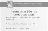 Programación de Computadoras Área Académica: Licenciatura en Ingeniería Industrial Profesor(a): Mtra. Claudia García Pérez Periodo: Enero – Junio / 2015.