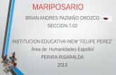 MARIPOSARIO BRIAN ANDRES PAZMIÑO OROZCO SECCION:7-02 INSTITUCION EDUCATIVA INEM “FELIPE PEREZ” Área de: Humanidades-Español PERIRA-RISARALDA 2013.