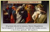 El primer día de la semana, María Magdalena fue al sepulcro al amanecer, cuando aún estaba oscuro, y vio la losa quitada del sepulcro.