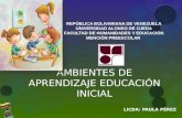 AMBIENTES DE APRENDIZAJE EDUCACIÓN INICIAL LICDA: PAULA PÉREZ REPÚBLICA BOLIVARIANA DE VENEZUELA UNIVERSIDAD ALONSO DE OJEDA FACULTAD DE HUMANIDADES Y.