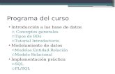 Programa del curso Introducción a las base de datos ▫ Conceptos generales ▫Tipos de BDs ▫Tutorial Introductorio Modelamiento de datos ▫Modelos Entidad-Relación.