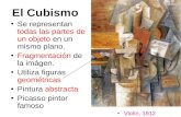 El Cubismo Se representan todas las partes de un objeto en un mismo plano. Fragmentación de la imágen. Utiliza figuras geométricas Pintura abstracta Picasso.