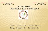 Tipos de decisiones TEMA: Tipos de decisiones Ing. Larry D. Concha B. UNIVERSIDAD AUTONOMA SAN FRANCISCO.