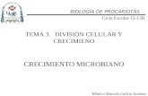 TEMA 3.DIVISIÓN CELULAR Y CRECIMIENO CRECIMIENTO MICROBIANO BIOLOGÍA DE PROCARIOTAS Ciclo Escolar 12-13B Mónica Marcela Galicia Jiménez.